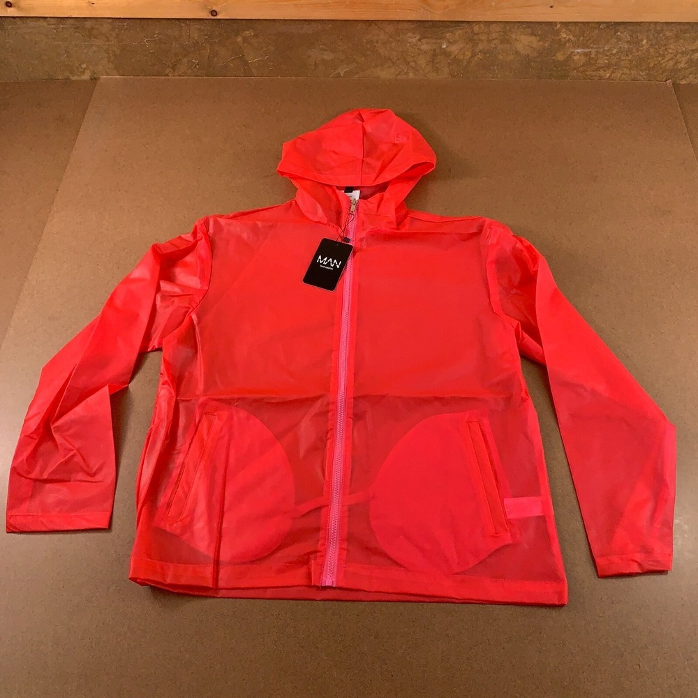 Boohoo MAN Mens Size Medium Red Pink Rubber Hooded Full Zip Jacket NWT